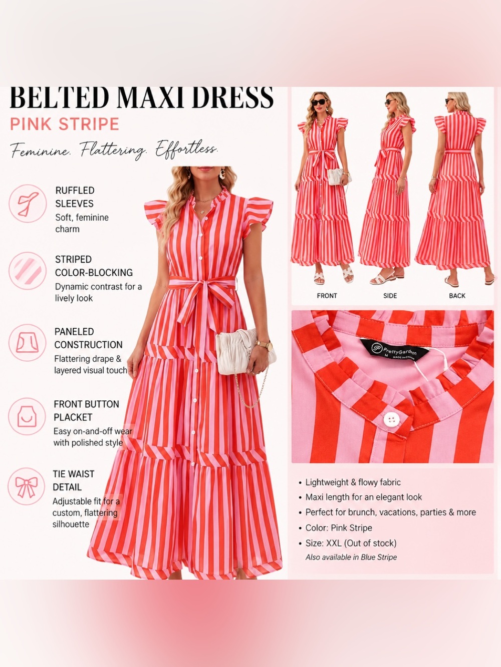 NWT Pretty Garden Pink Stripe Ruffled Maxi Dress